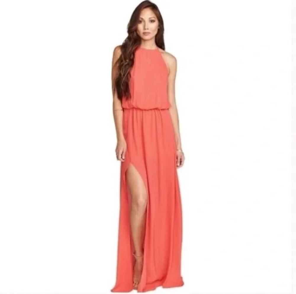 Show Me Your Mumu Heather Halter Maxi Dress Coral Orange Large Slit Sheer Lined